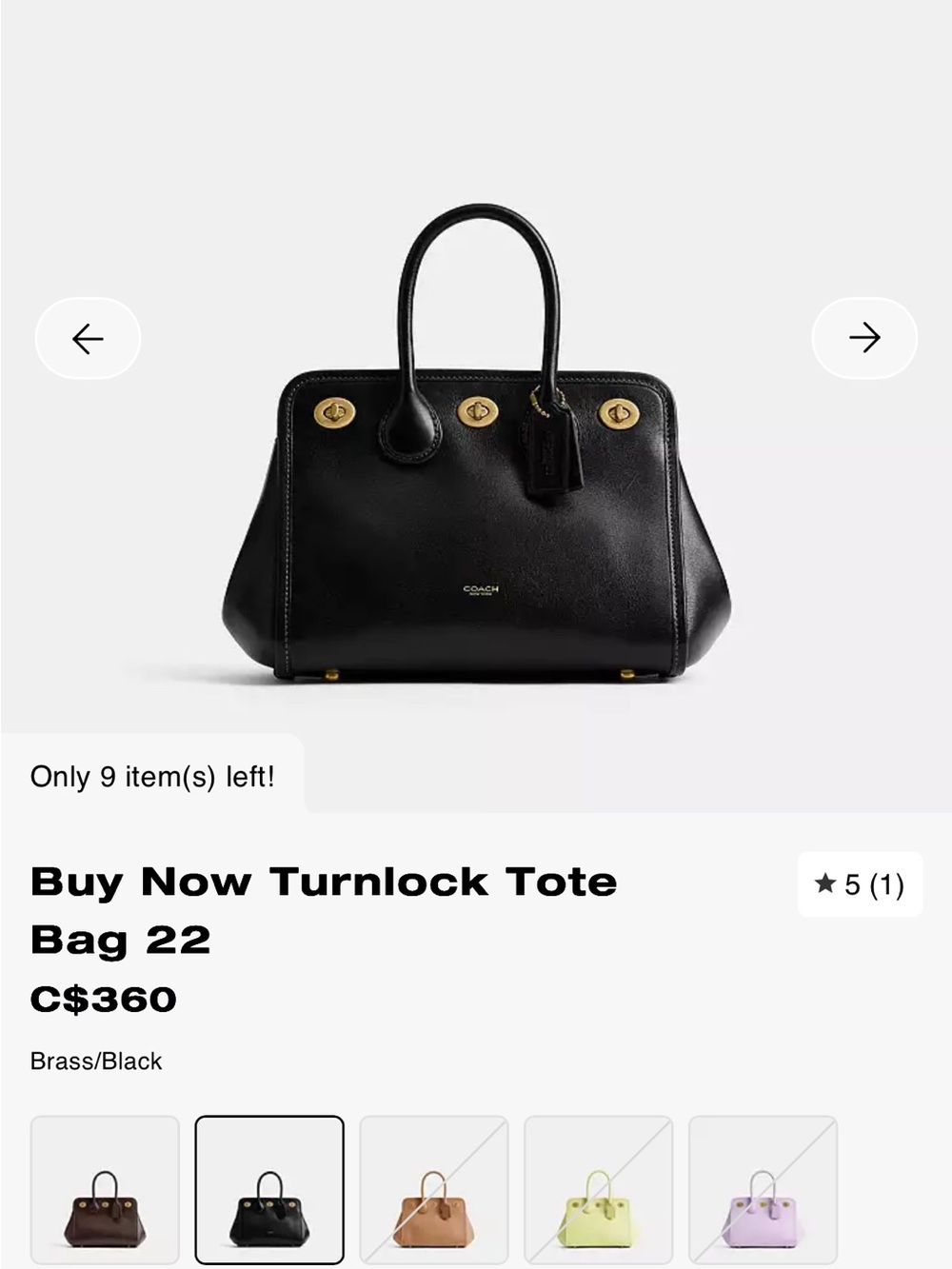 Coach Black Turnlock Tote Bag with Brass Hardware